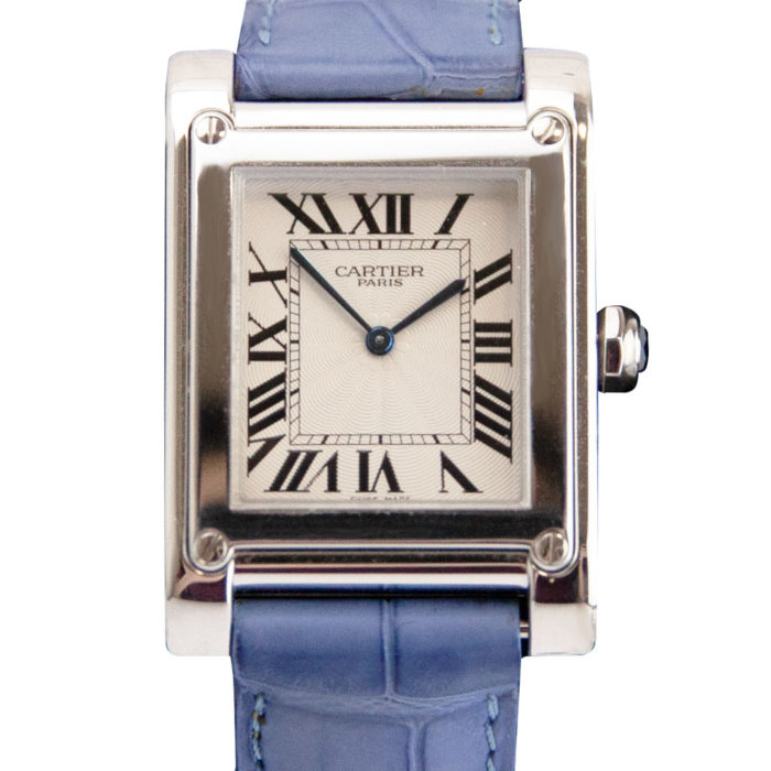 Cartier Platinum Tank à Vis Collection Privée Silver Guilloche Dial Watch