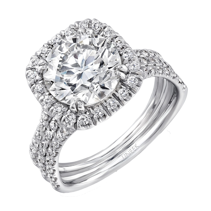 Uneek Round Diamond Engagement Ring with Cushion-Shaped Halo and Pave Triple Shank, in Platinum