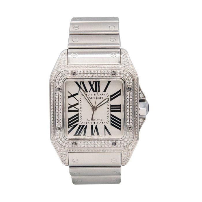Custom Cartier Santos 100 XL 2656 Aftermarket Diamond Case Stainless Steel Watch