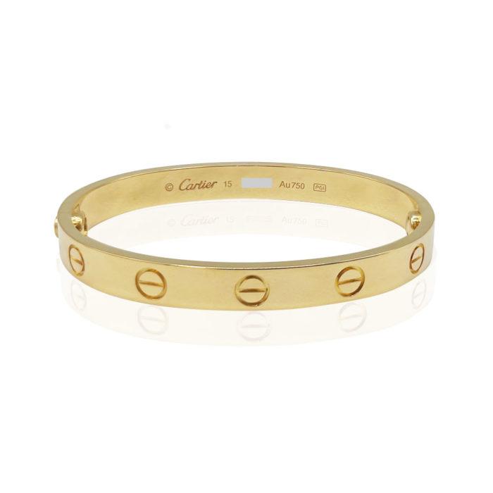 Authentic Cartier 18k Yellow Gold Love Bracelet Size 15, Box & Papers