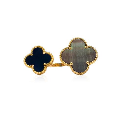 Van Cleef & Arpels Magic Alhambra Mother of Pearl & Onyx Between the Finger 18k Yellow Gold Ring