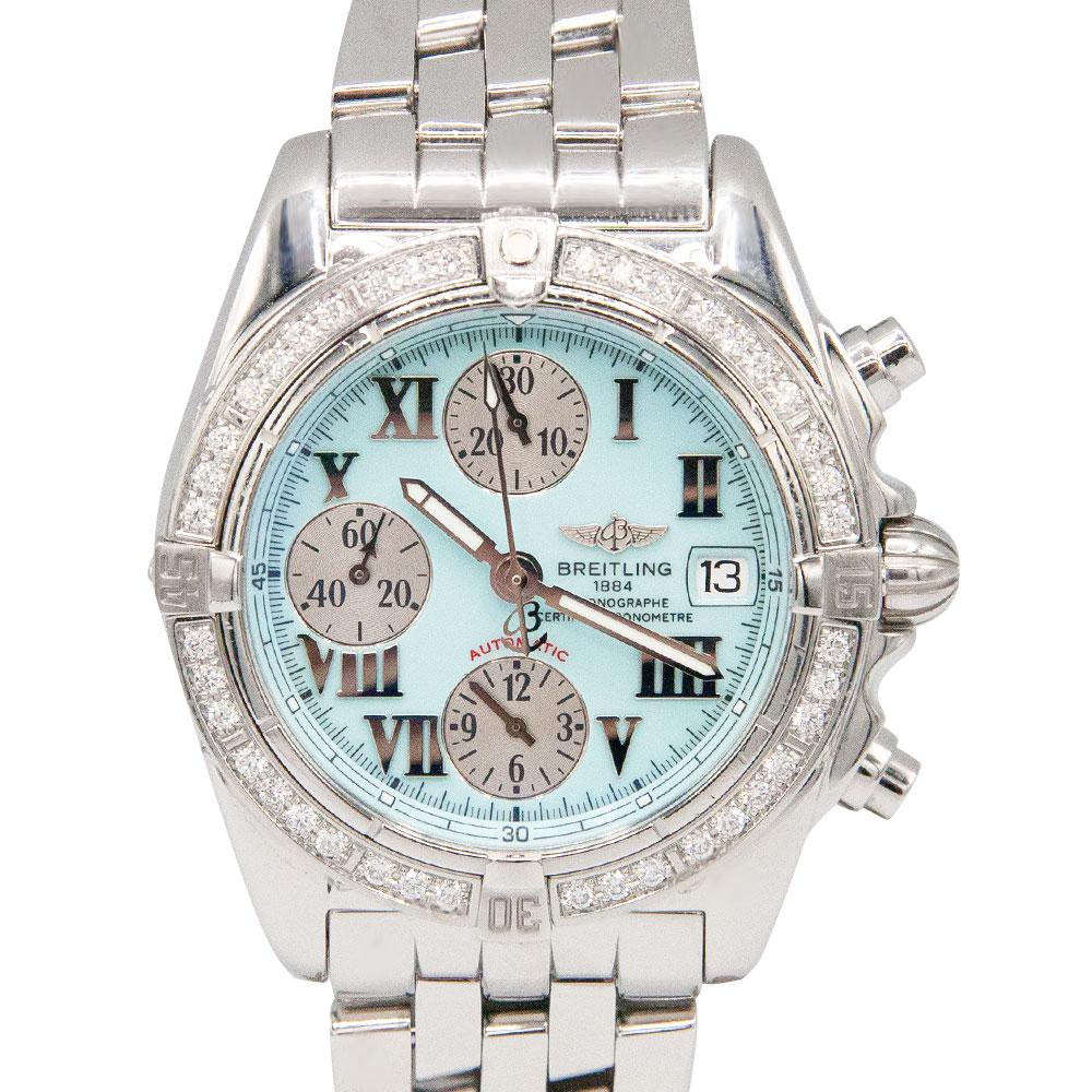Breitling A1335853 Cockpit Chronograph Sky Blue Roman Dial Diamond Bezel Watch