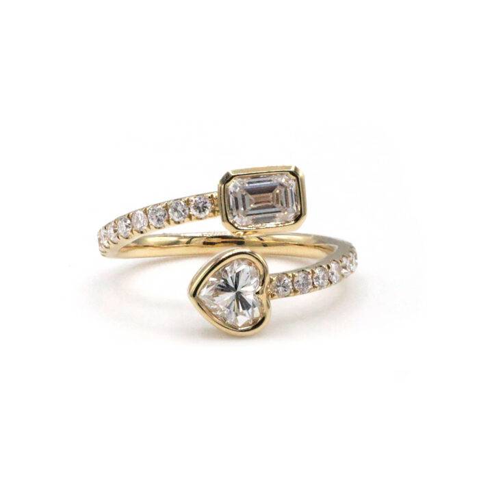 18k Yellow Gold Heart Shape & Emerald Cut Diamond Bypass Ring 18k Yellow Gold Heart Shape & Emerald Cut Diamond Bypass Ring