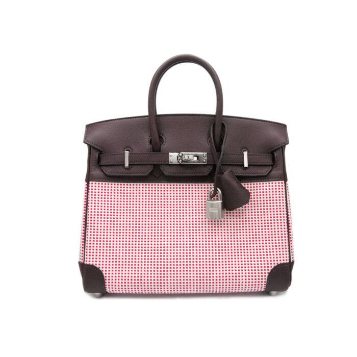 Hermes Birkin 25 Framboise Toile Ecru Quadrille Swift Rouge Sellier PHW Handbag