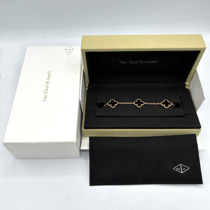 Van Cleef & Arpels 18k Yellow Gold 5 Motif Onyx Alhambra Bracelet
