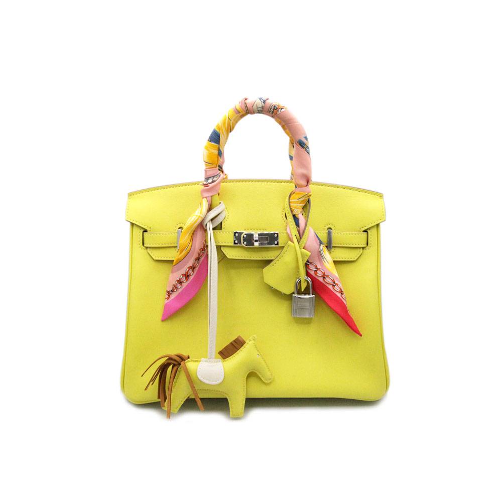Hermes Birkin 25 Lime Swift PHW Handbag with Twillys and Hermes Bag Charm in Box