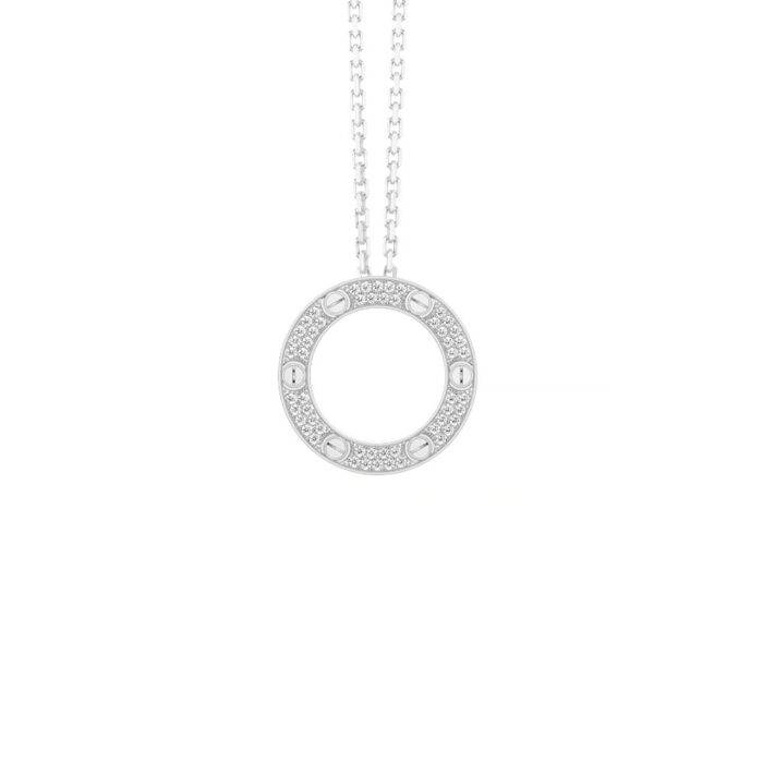 Authentic Cartier Love Pendant Pave Diamonds 18k White Gold Necklace BNP