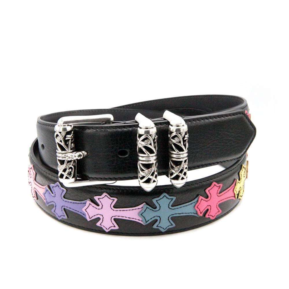 Authentic Chrome Hearts Multi Color Cross Black Leather Belt Size 40