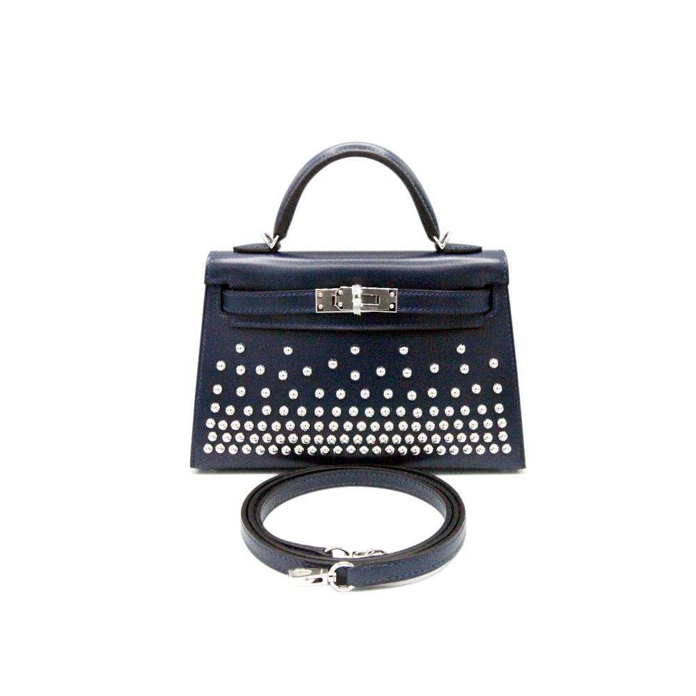 Hermes Kelly Mini II Cloute Bleu Abyss Box Calfskin Studded PHW Handbag 2025