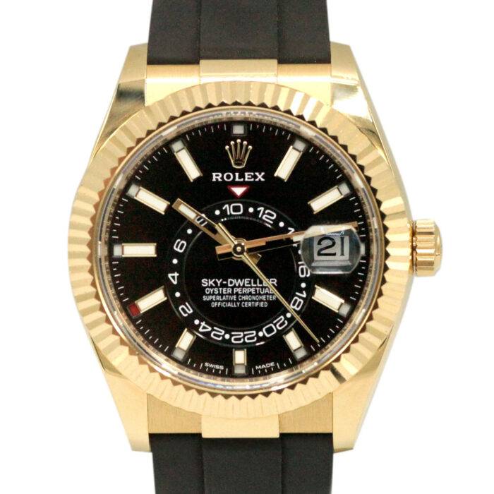 Rolex Sky-Dweller 326238 Black Dial 42mm 18k Yellow Gold Oysterflex Rubber Watch