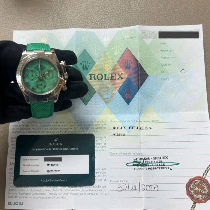 Rolex 116519 Daytona “Beach” Chrysoprase Dial Green Strap 18k White Gold Watch