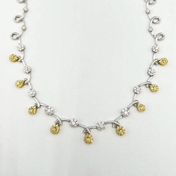 Gregg Ruth 18k White Gold Diamond and Yellow Diamond Dangle Station Necklace