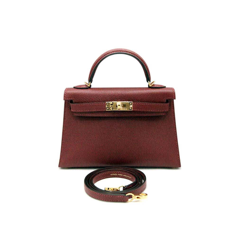 Hermes Kelly Mini 20 Rouge Chevre Mysore Handbag GHW, U-stamp in Box