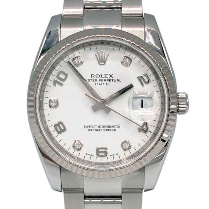 Rolex 115234 Date White Diamond and Arabic Dial 34mm Stainless Steel Watch Rolex 115234 Date White Diamond and Arabic Dial 34mm Stainless Steel Watch