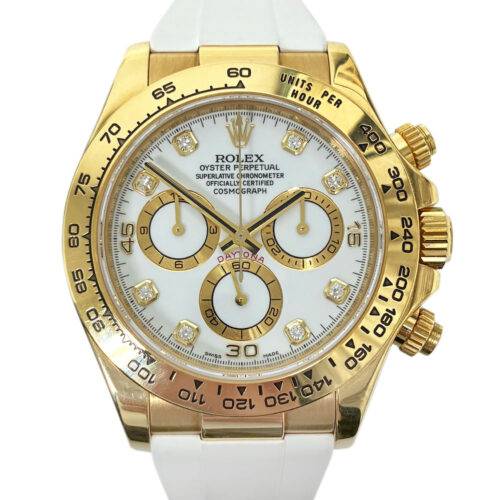 Rolex 116518 Daytona 18k Yellow Gold White Diamond Dial White Rubber Strap Watch
