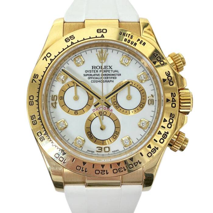 Rolex 116518 Daytona 18k Yellow Gold White Diamond Dial White Rubber Strap Watch