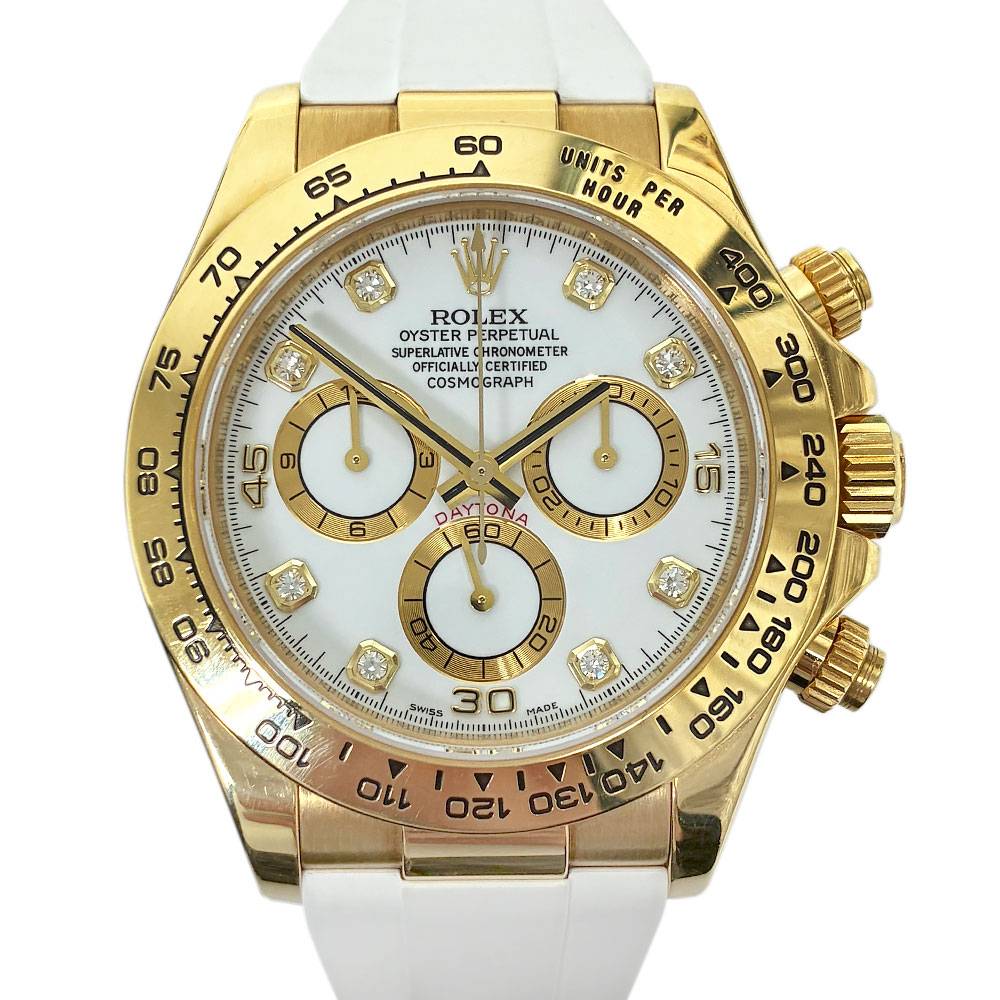Rolex 116518 Daytona 18k Yellow Gold White Diamond Dial White Rubber Strap Watch