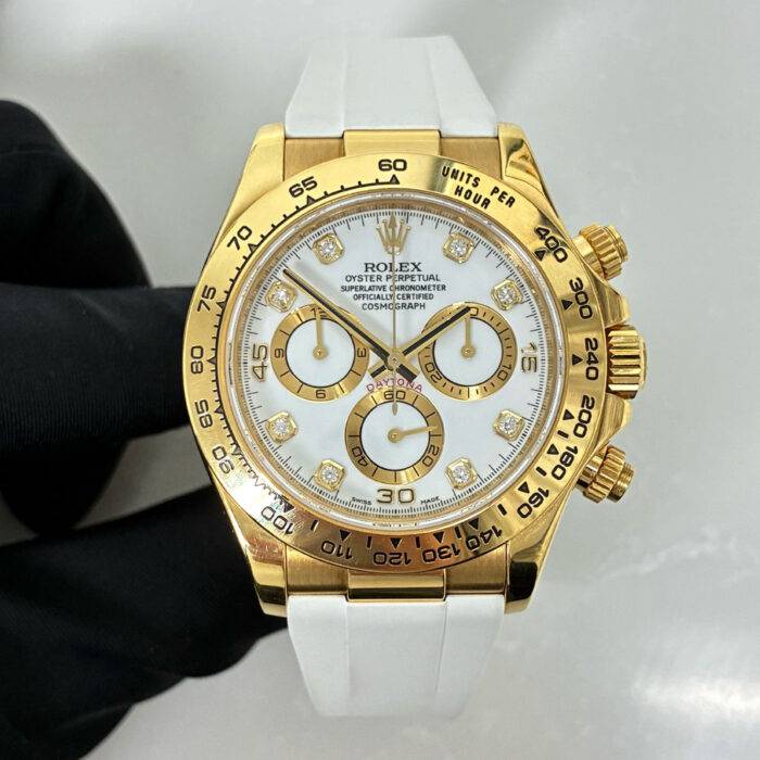 Rolex 116518 Daytona 18k Yellow Gold White Diamond Dial White Rubber Strap Watch