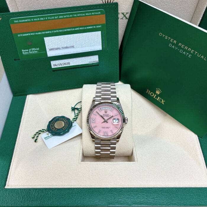 Rolex 128239 Day-Date 18k White Gold Pink Opal Diamond Roman 36mm Watch BNP 2020 Rolex 128239 Day-Date 18k White Gold Pink Opal Diamond Roman 36mm Watch BNP 2020