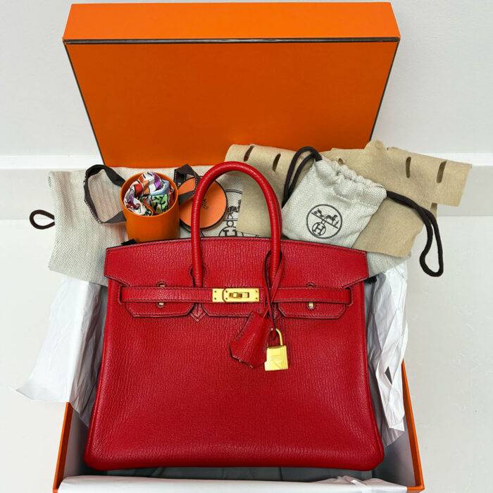 Hermes Birkin 25 Rouge Casaque/Rouge Chevre Mysore Horseshoe Handbag BGHW