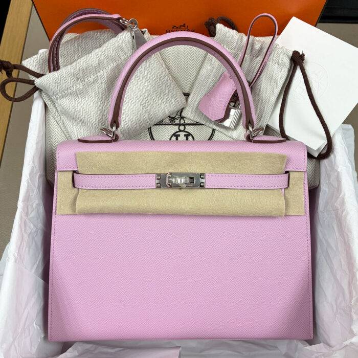 Hermes Kelly 25 Sellier Epsom Mauve Sylvestre Handbag PHW in Box