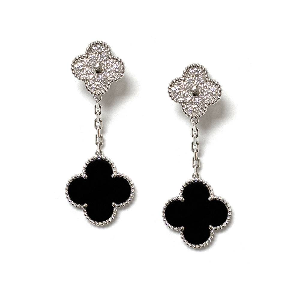 Van Cleef & Arpels Magic Alhambra Onyx and Diamond 2 Motif Drop Earrings