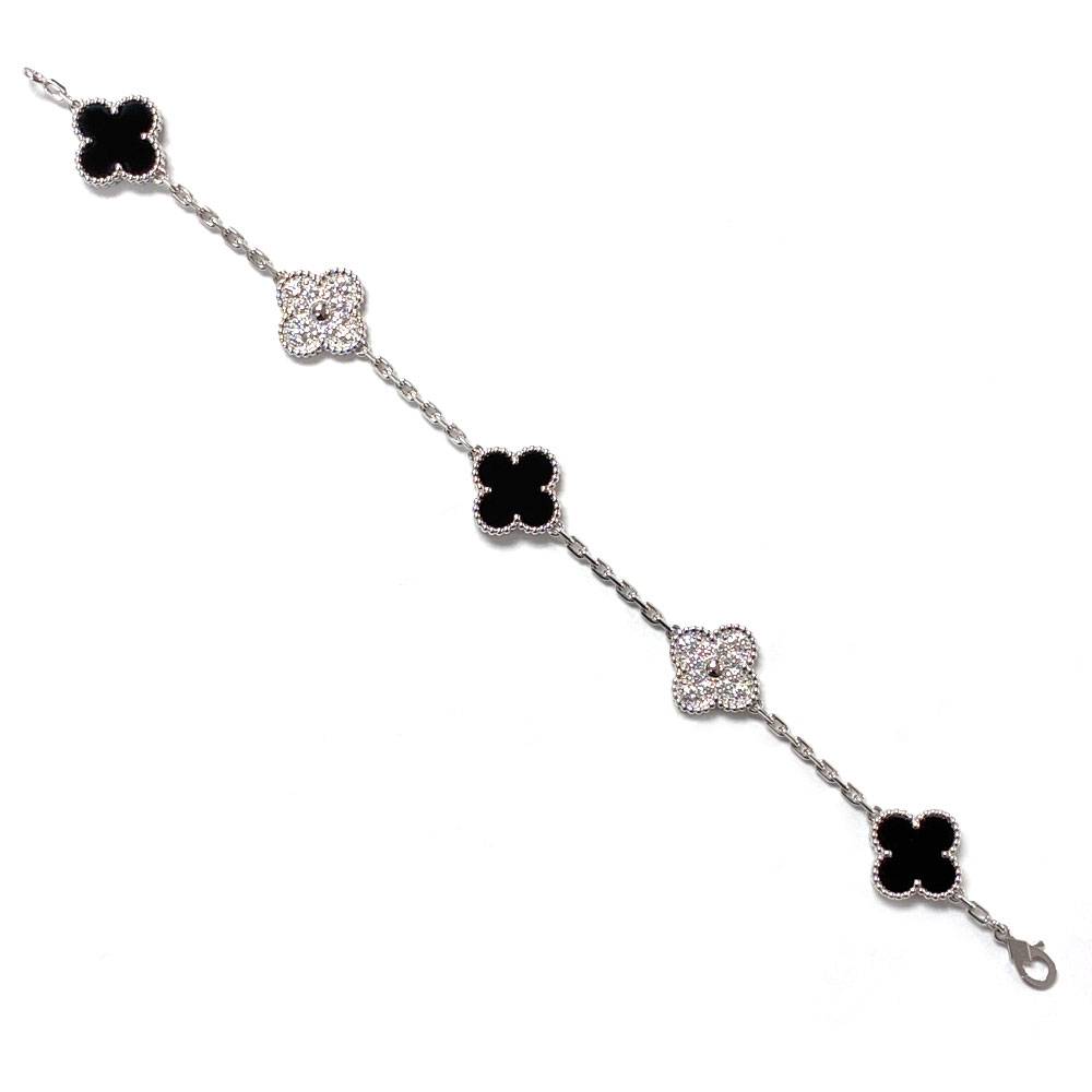 Van Cleef & Arpels Vintage Alhambra Onyx and Diamond 5 Motif Bracelet