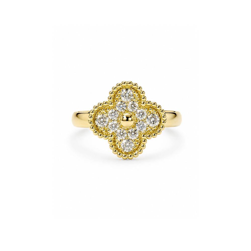 Van Cleef & Arpels 18k Yellow Gold Vintage Alhambra Diamond Ring Size 52