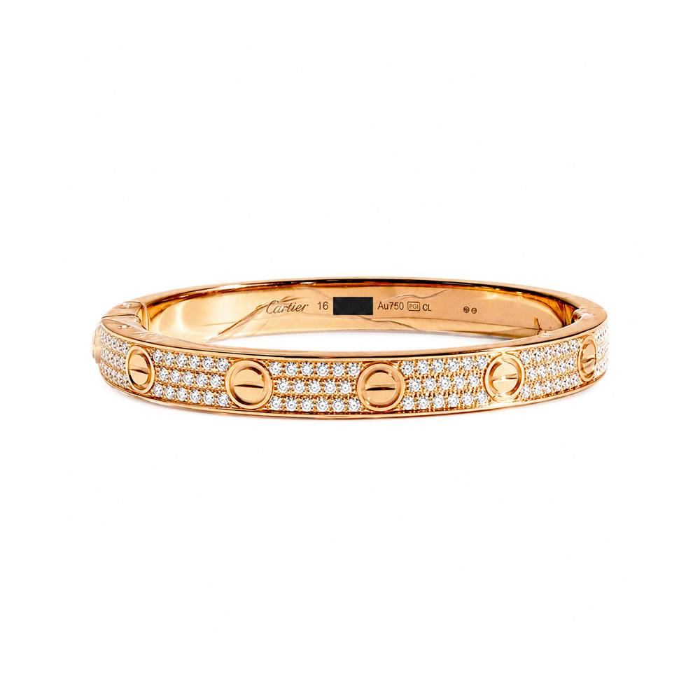 Cartier 18k Rose Gold LOVE Bracelet Diamond Pave Classic Model, Size 16